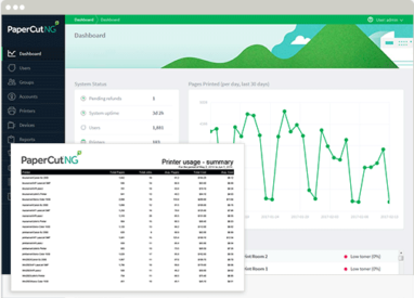 Admin Interface Reports, Papercut MF, Spriggs, Inc., Konica Minolta, KIP, Lexmark, HP, Dealer, Reseller, Merced, California, CA