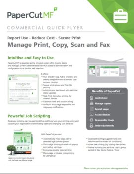 Commercial Flyer Cover, Papercut MF, Spriggs, Inc., Konica Minolta, KIP, Lexmark, HP, Dealer, Reseller, Merced, California, CA