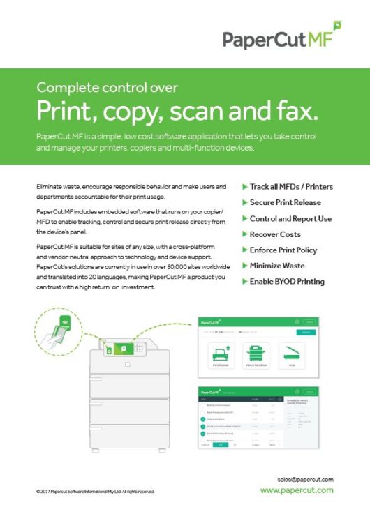 Fact Sheet Cover, Papercut MF, Spriggs, Inc., Konica Minolta, KIP, Lexmark, HP, Dealer, Reseller, Merced, California, CA