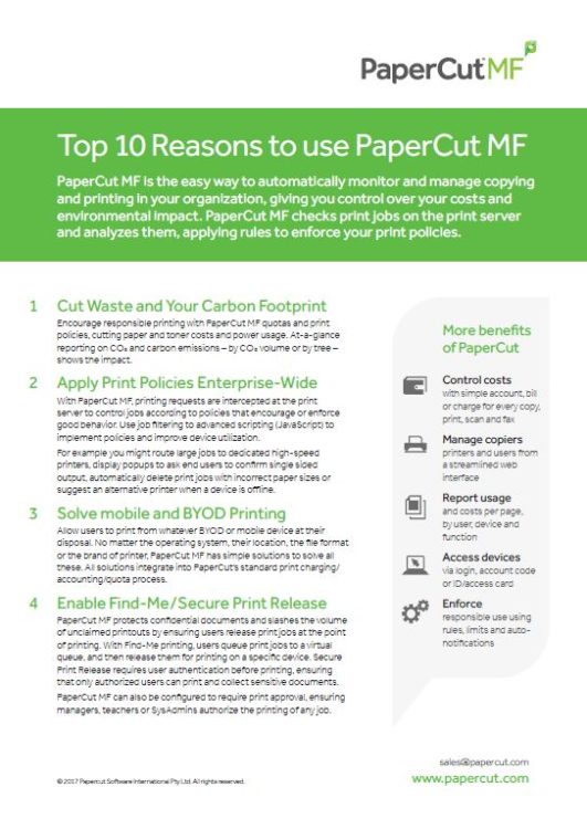 Top 10 Reasons, Papercut MF, Spriggs, Inc., Konica Minolta, KIP, Lexmark, HP, Dealer, Reseller, Merced, California, CA